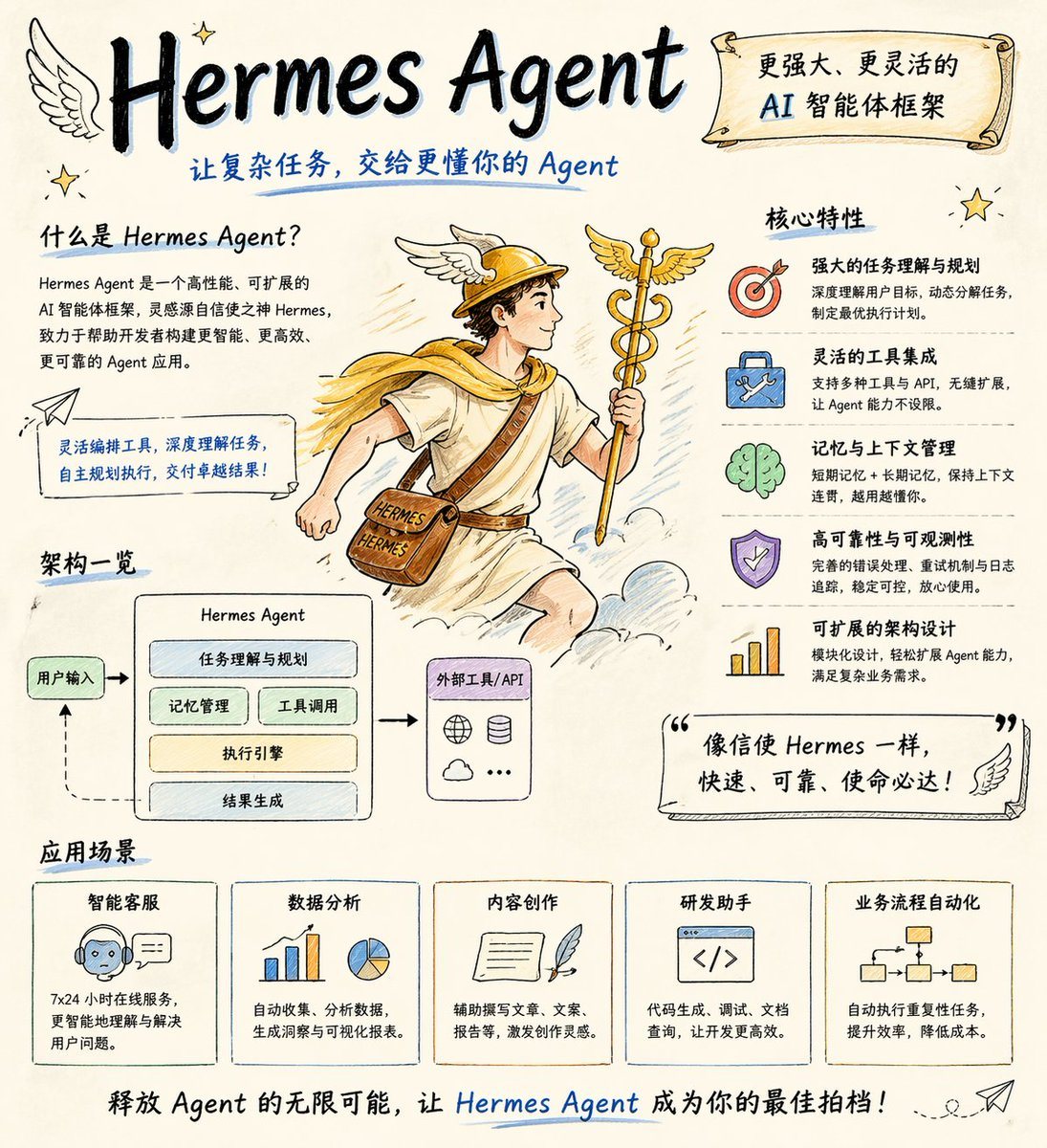 用于创作技术类 Agent 手绘风格宣传海报的提示词,强调简洁且富有艺术感的素描美学。