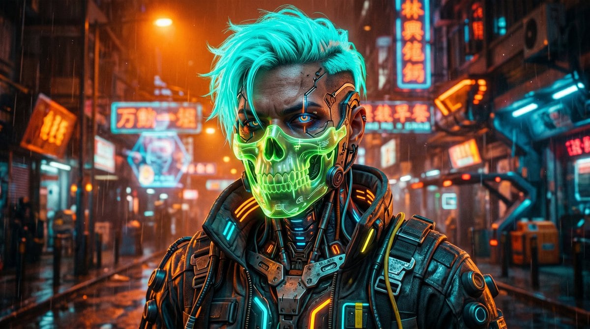 A cinematic cyberpunk portrait of a futuristic street warrior standing in the center of a narrow neon-lit alley at night in a rain-soaked Asian megacity. Medium close-up framing from the...