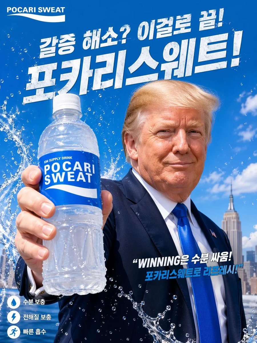 此提示词用于生成一张炫目的韩式补水饮料海报，包含名人代言人、超大产品瓶身以及用于商业广告的醒目促销排版。