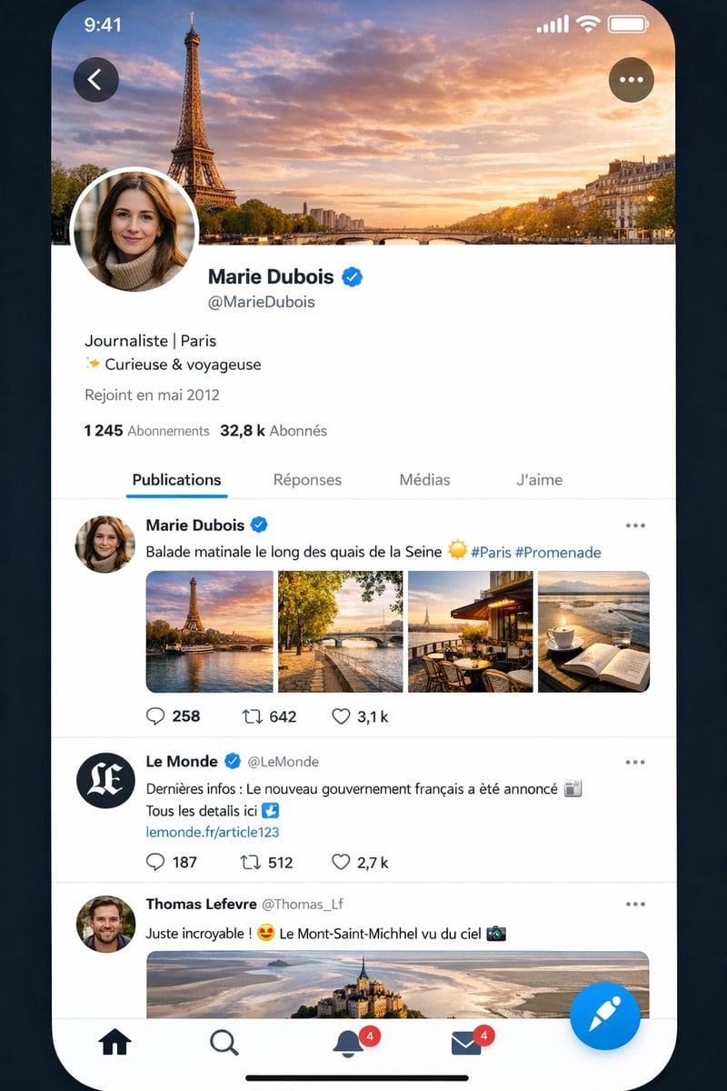 A highly realistic smartphone app screenshot mockup of a social media interface almost identical to X/Twitter, shown on an iPhone-style full-screen display with rounded corners against a...