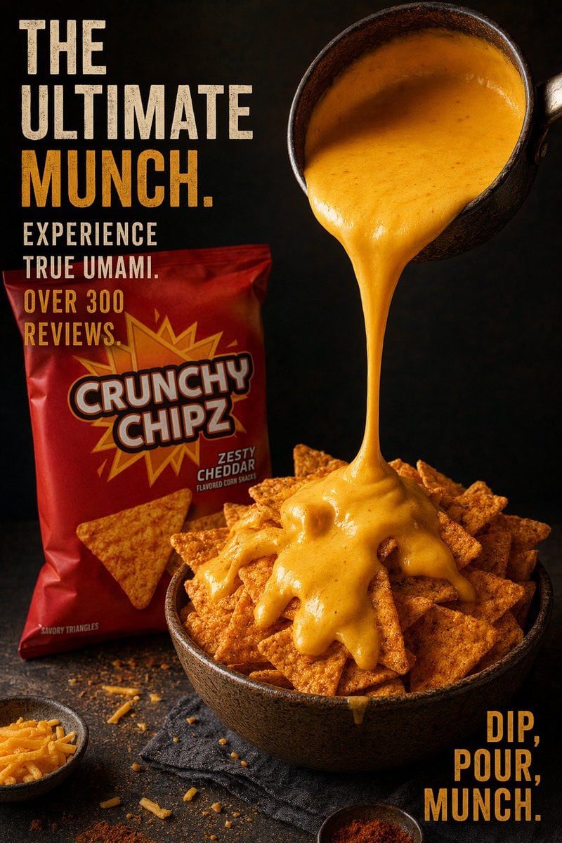 Create a dramatic studio food advertisement poster on a dark black textured background with moody, high-contrast lighting and rich warm orange tones. The composition is vertical and split...