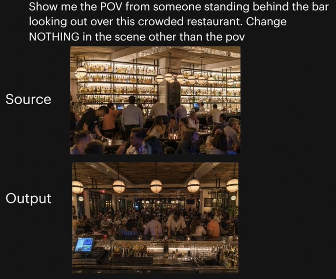 A side-by-side comparison graphic on a black background demonstrating a camera-angle change in the same restaurant scene. At the top, large white sans-serif text reads: "Show me the POV f...