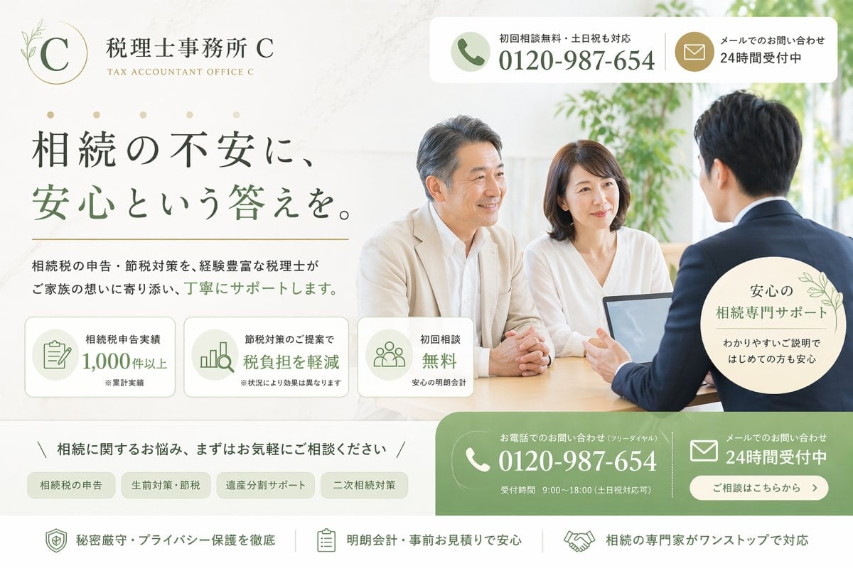 Create a clean, premium Japanese landing page hero image for a fictional tax accountant office specializing in inheritance tax consultation. The design should look like a modern listing-a...