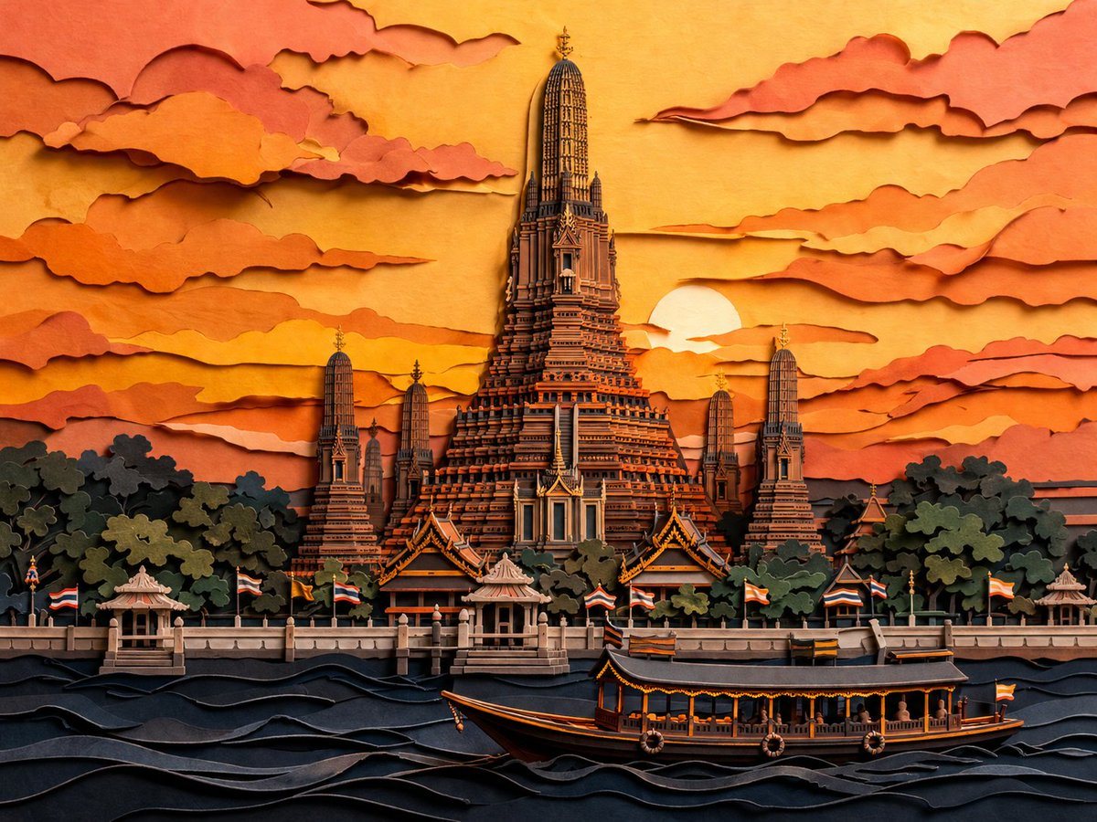This prompt generates a richly layered paper-cut style illustration of Wat Arun at dusk, ideal for decorative travel art, posters, or stylized cultural landscape imagery.