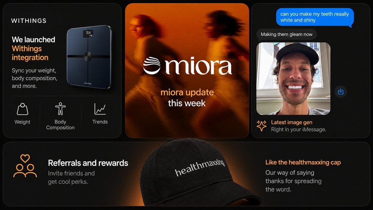 A premium multi-panel startup marketing slide featuring app integration, brand update, AI image chat, and referral merchandise, suitable for social posts or presentation decks.