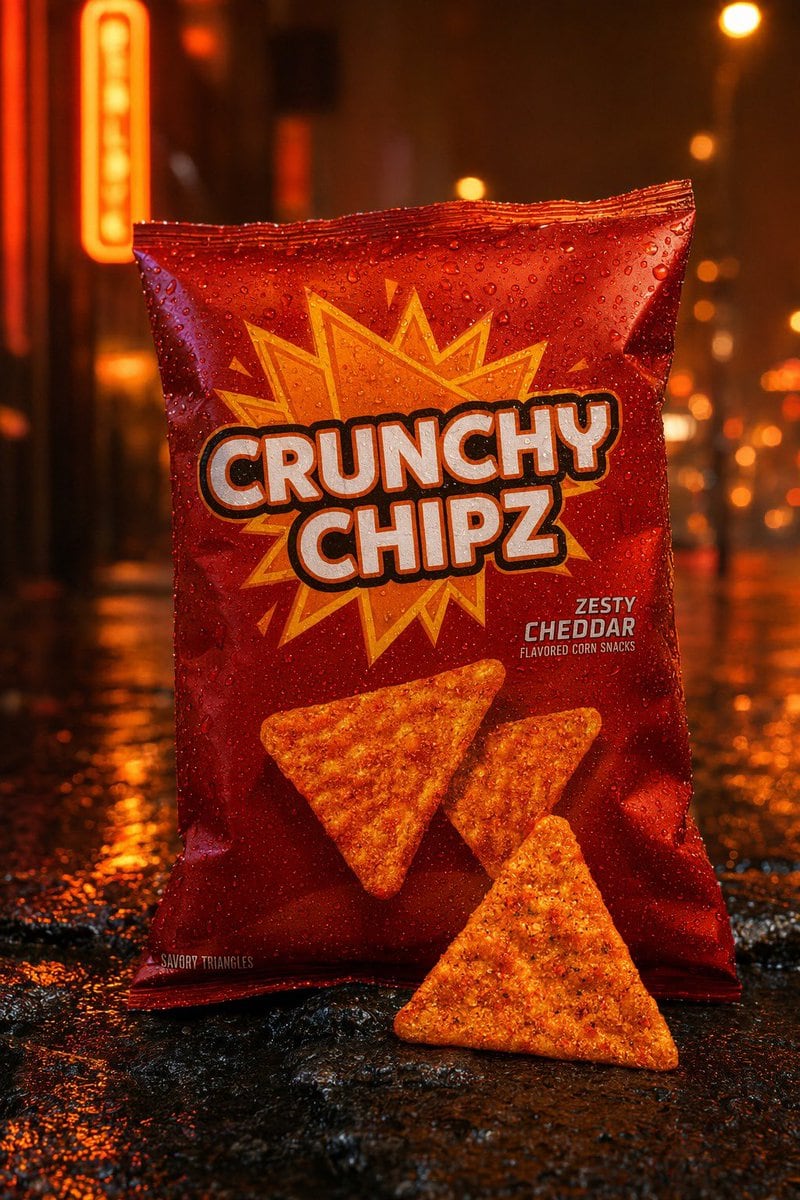 A cinematic commercial product photo of a glossy red snack bag standing upright on a wet city street at night, centered in frame, shot straight-on at eye level with shallow depth of field...