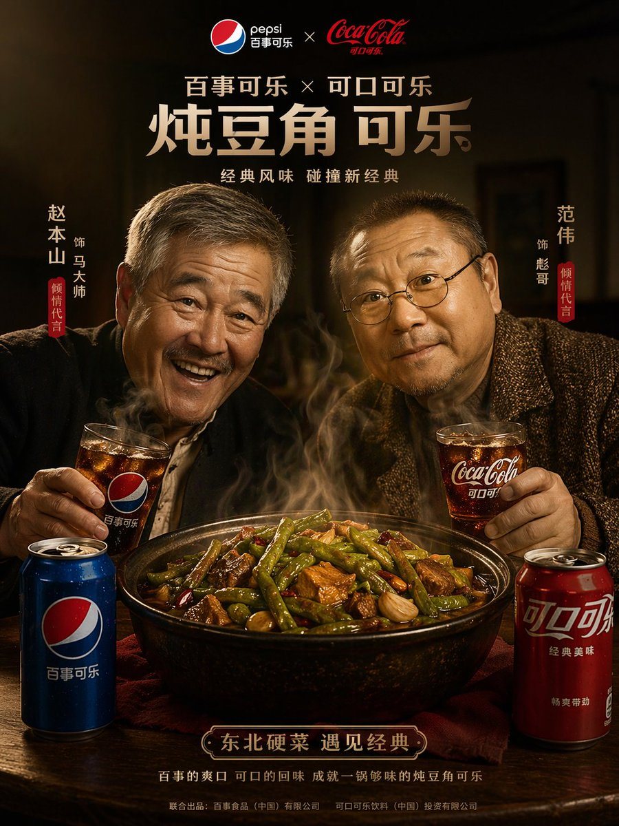 A cinematic, high-quality advertisement poster featuring two older Asian men sitting at a rustic wooden table in a warmly lit, moody environment. The man on the left has grey hair and a m...
