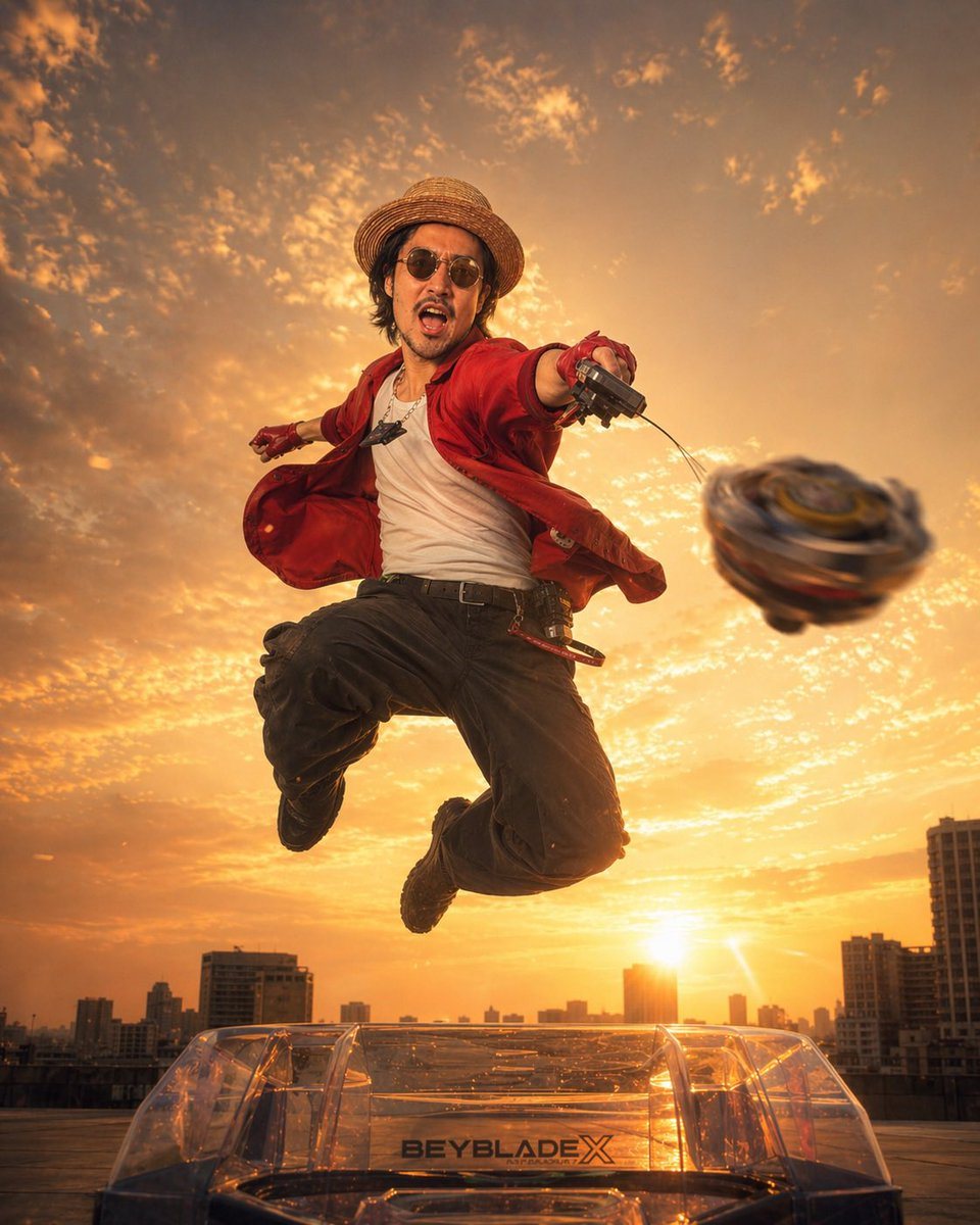 A hyper-realistic cinematic action photo of a young man mid-jump above a rooftop at golden-hour sunset, captured from a dramatic low angle against a glowing orange sky filled with scatter...