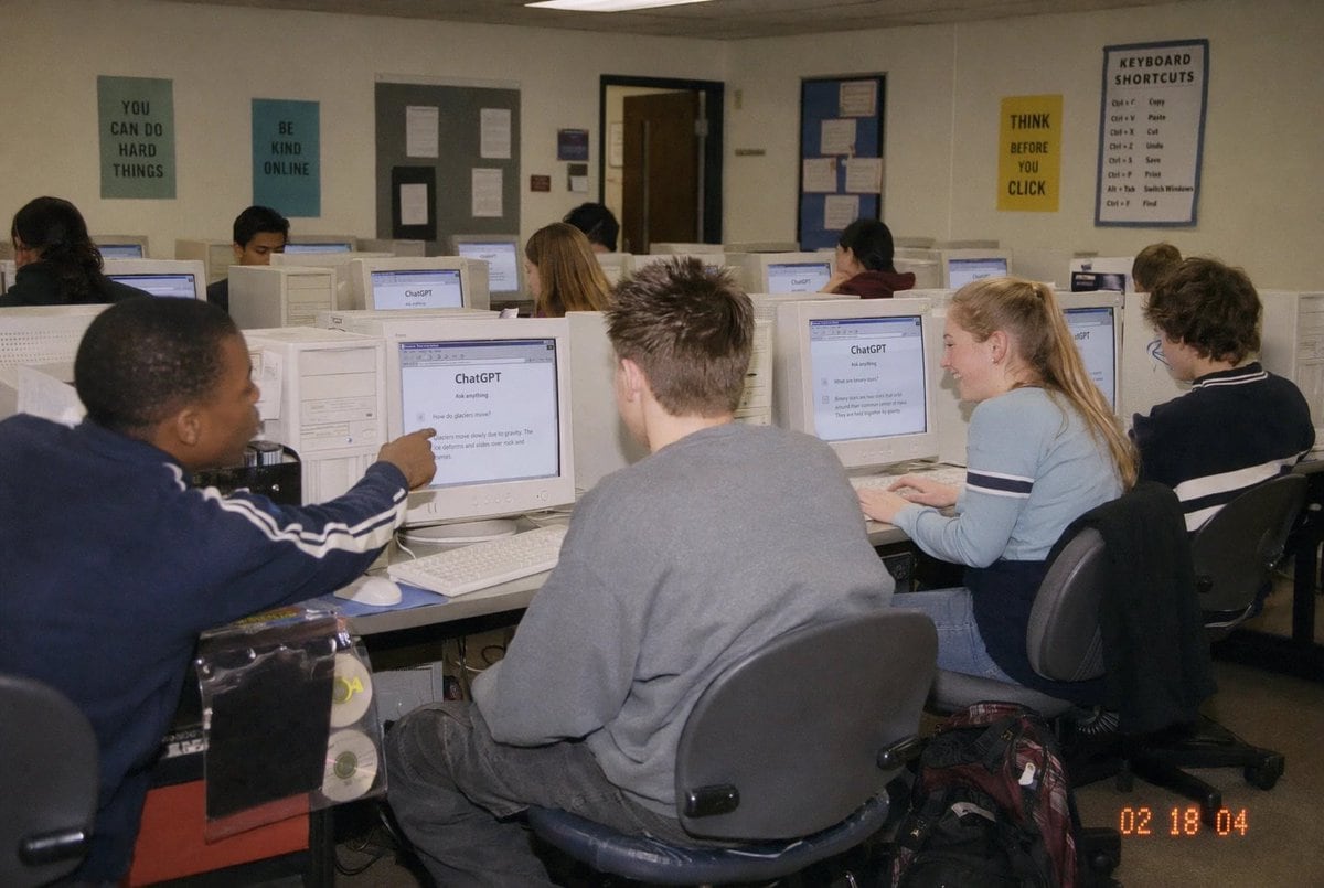A candid documentary-style photo of a high school computer lab classroom filled with exactly 10 students seated at rows of bulky off-white CRT desktop computers, viewed from the back-left...