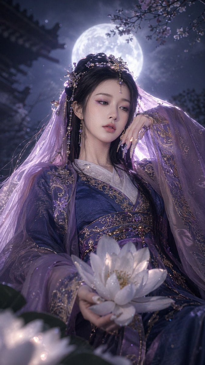 将普通人像照片转换为极具细节的魔幻场景,展现传统服饰与夜色氛围。
