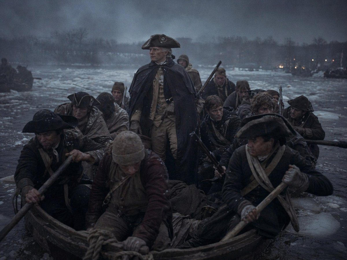 A cinematic historical scene at dusk on a freezing river crossing in winter, showing a crowded wooden rowboat packed with exactly 11 colonial-era soldiers and boatmen pushing through dark...