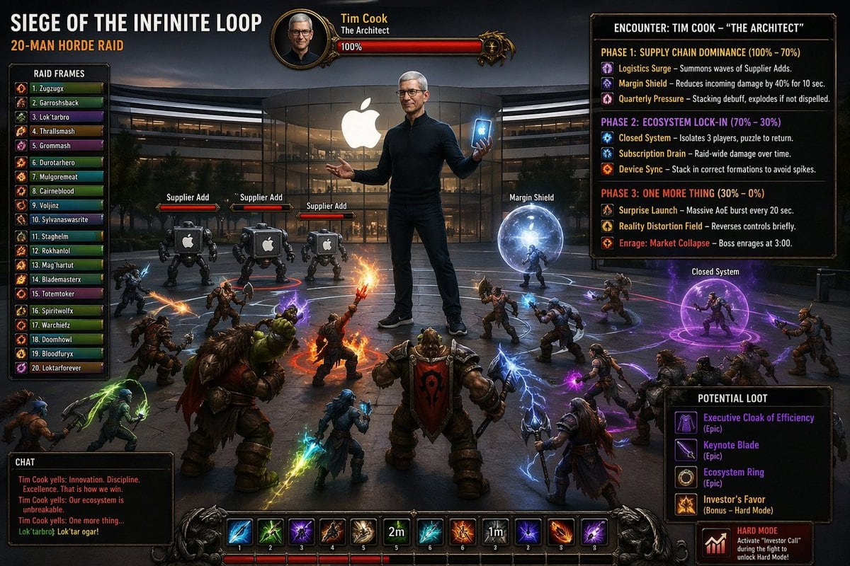 Create a cinematic fantasy MMO raid boss loading-screen-style illustration with a full custom game UI overlay. The scene is set at dusk in front of the glass cube Apple Store, with the gl...
