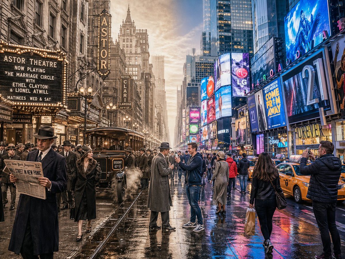 A horizontal split-screen cinematic shot of Times Square, New York, seamlessly blending two different eras: 1920s on the left and present day on the right (default: about 100 years ago vs...