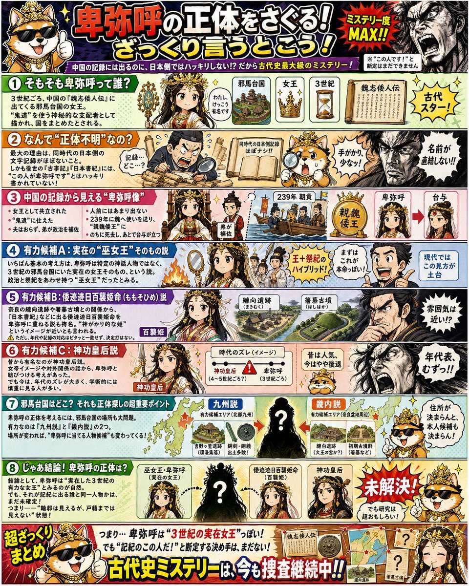 A colorful manga-style Japanese educational poster explaining the mystery of Queen Himiko for children, useful for creating history handouts, classroom visuals, or social media educational graphics.