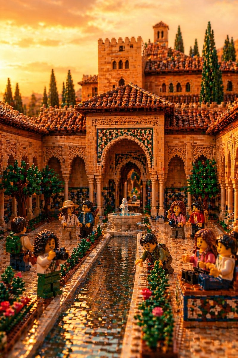 A highly detailed photorealistic LEGO diorama of the Alhambra in Granada, shown as an ornate Moorish courtyard at golden-hour sunset. The scene is built entirely from LEGO bricks and mini...
