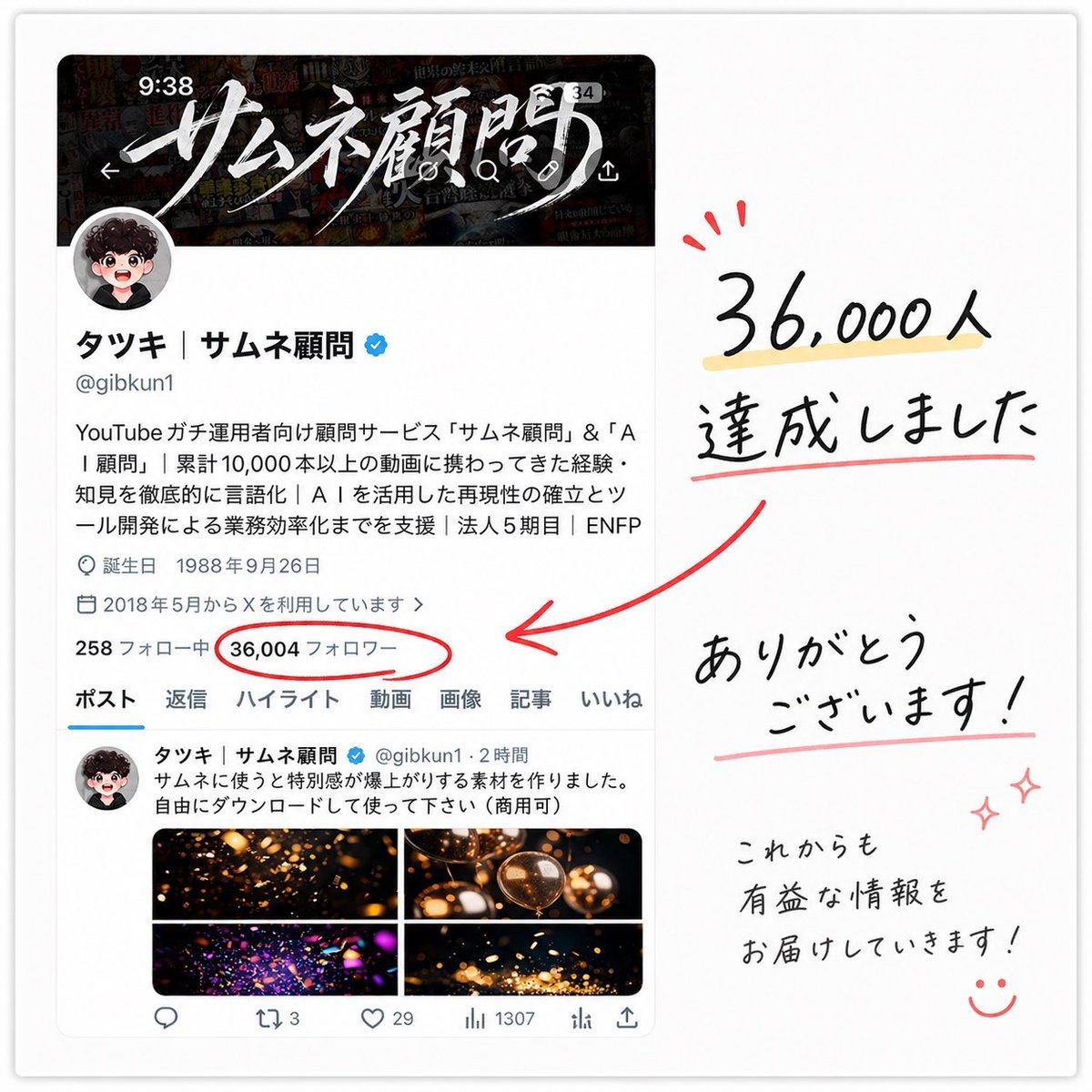 A clean celebratory social-media milestone graphic on a soft white background, styled like a screenshot of an X profile page placed on the left and handwritten thank-you lettering on the...