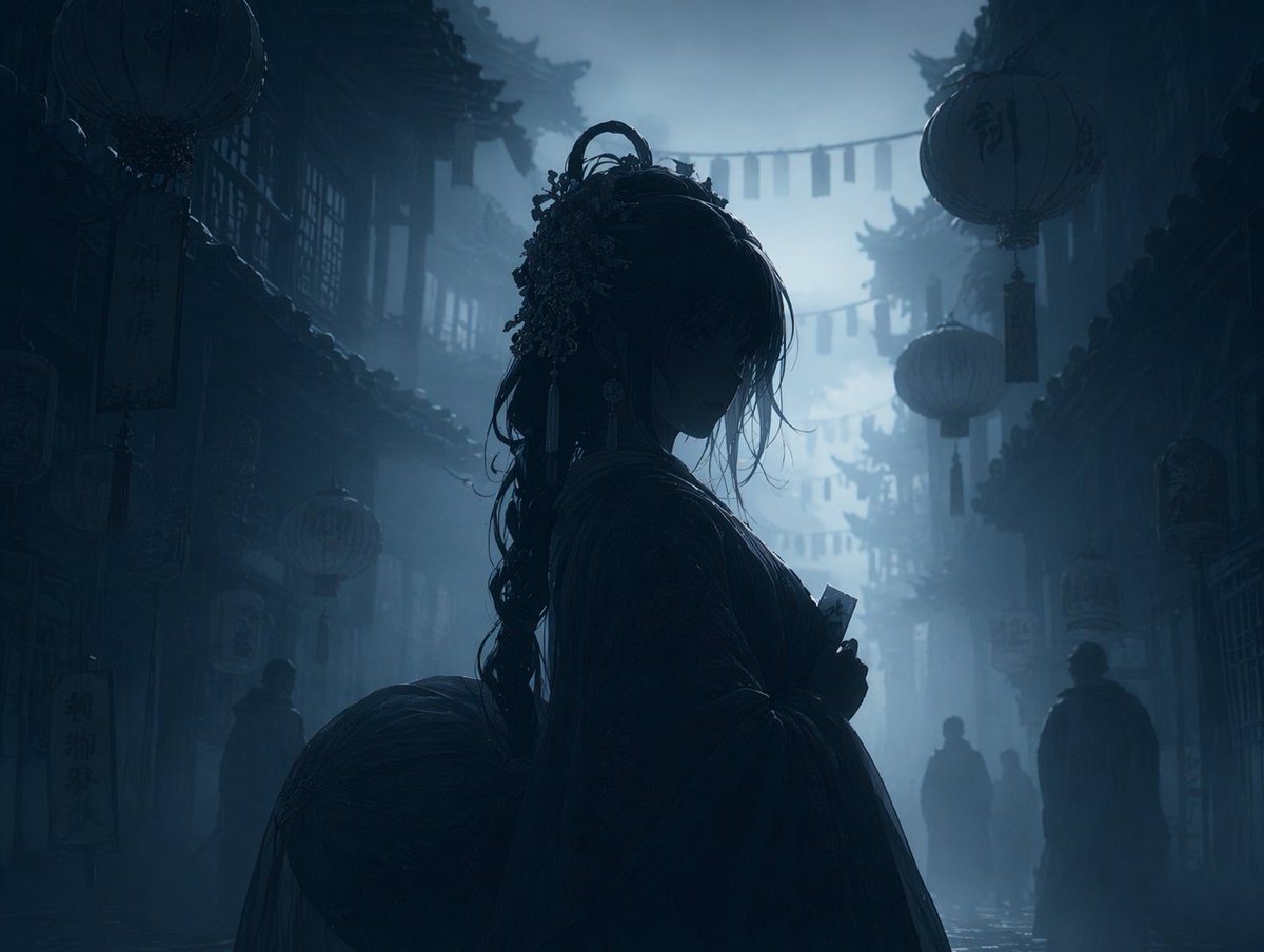 Using REFERENCE_0, transform the image into a dark, moody, and foggy night scene. Apply a monochromatic dark blue and grey color grading. Render the main character, lanterns, and foregrou...