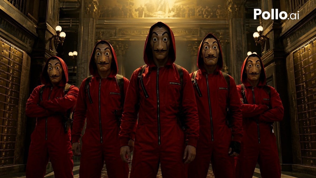 A cinematic, gritty heist-team group portrait inspired by a Spanish crime thriller, showing exactly 5 robbers standing shoulder to shoulder in a grand historic bank interior. The scene is...