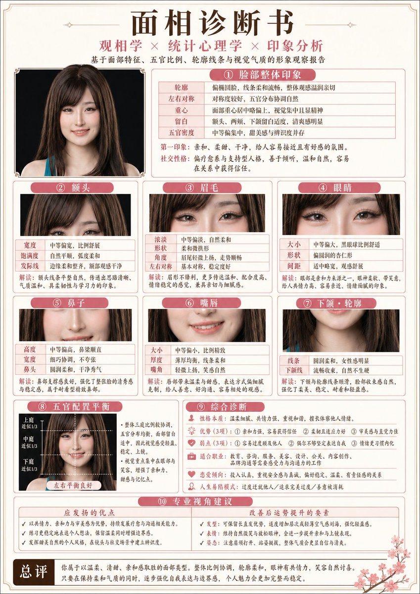 A complex structured prompt for generating a professional medical-style report poster that analyzes facial features based on physiognomy and psychology.