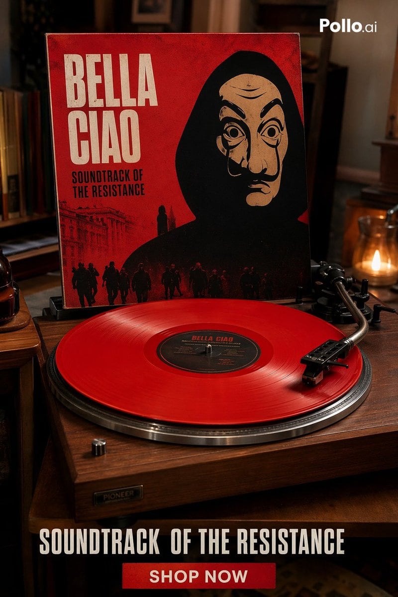A cinematic luxury product advertisement shot of a vintage wooden turntable playing a translucent bright red vinyl record in a warm, dimly lit living room. Behind the turntable, an uprigh...