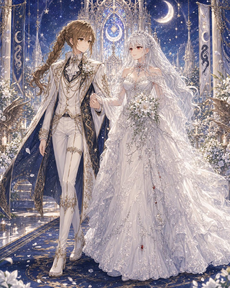 This prompt generates a highly ornate anime-style fantasy wedding portrait of two brides in celestial formalwear, ideal for romantic original character art and dramatic ceremonial scenes.