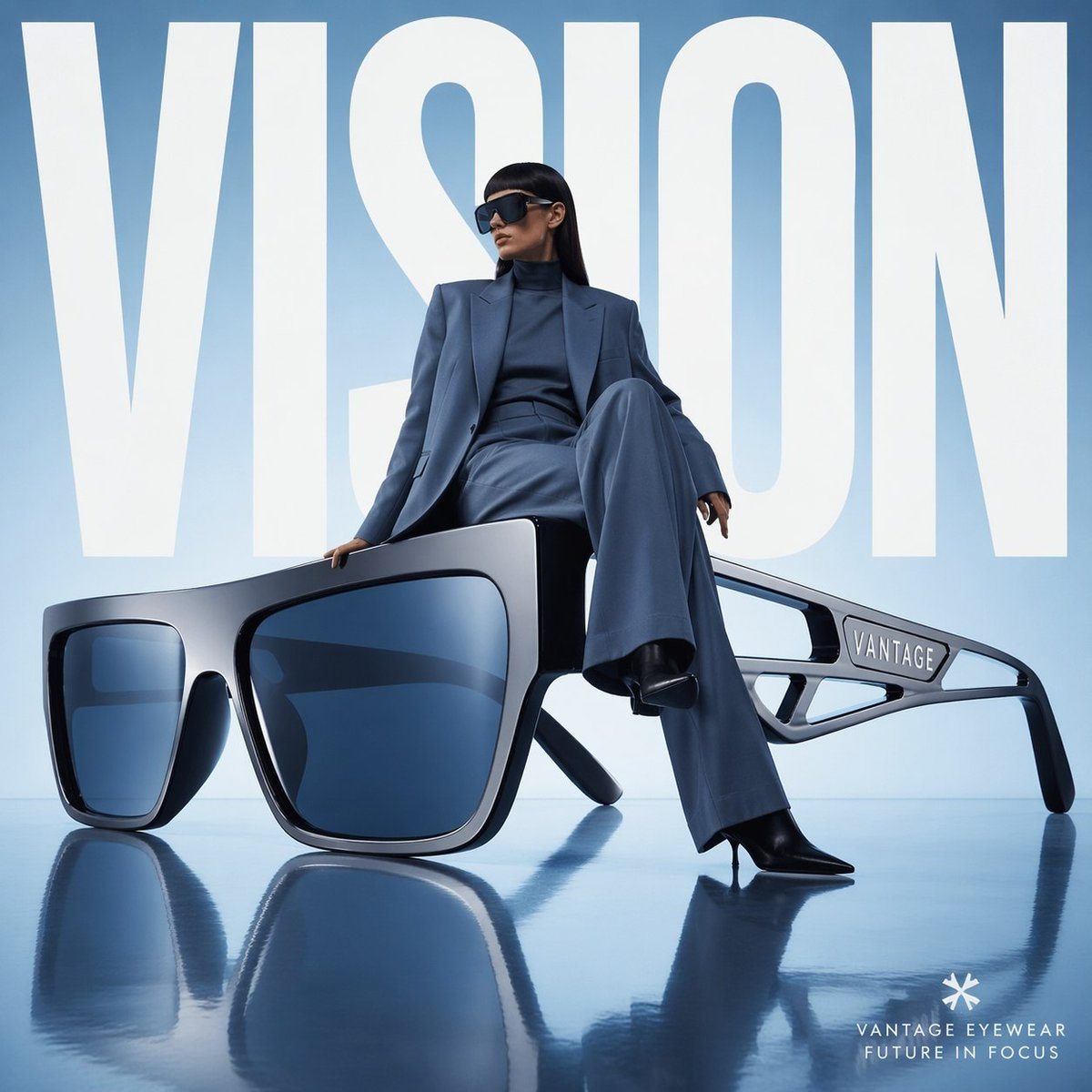 Avant-garde fashion advertisement, oversized futuristic sunglasses positioned like sculpture, model casually seated on the frame as if furniture, giant word "VISION" behind in bold white...