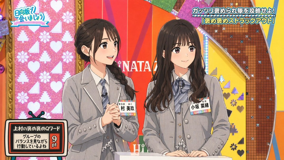A brightly lit Japanese television variety show set with two young female idols standing side by side behind a small white podium, framed in a medium shot from about waist-up. Both wear m...