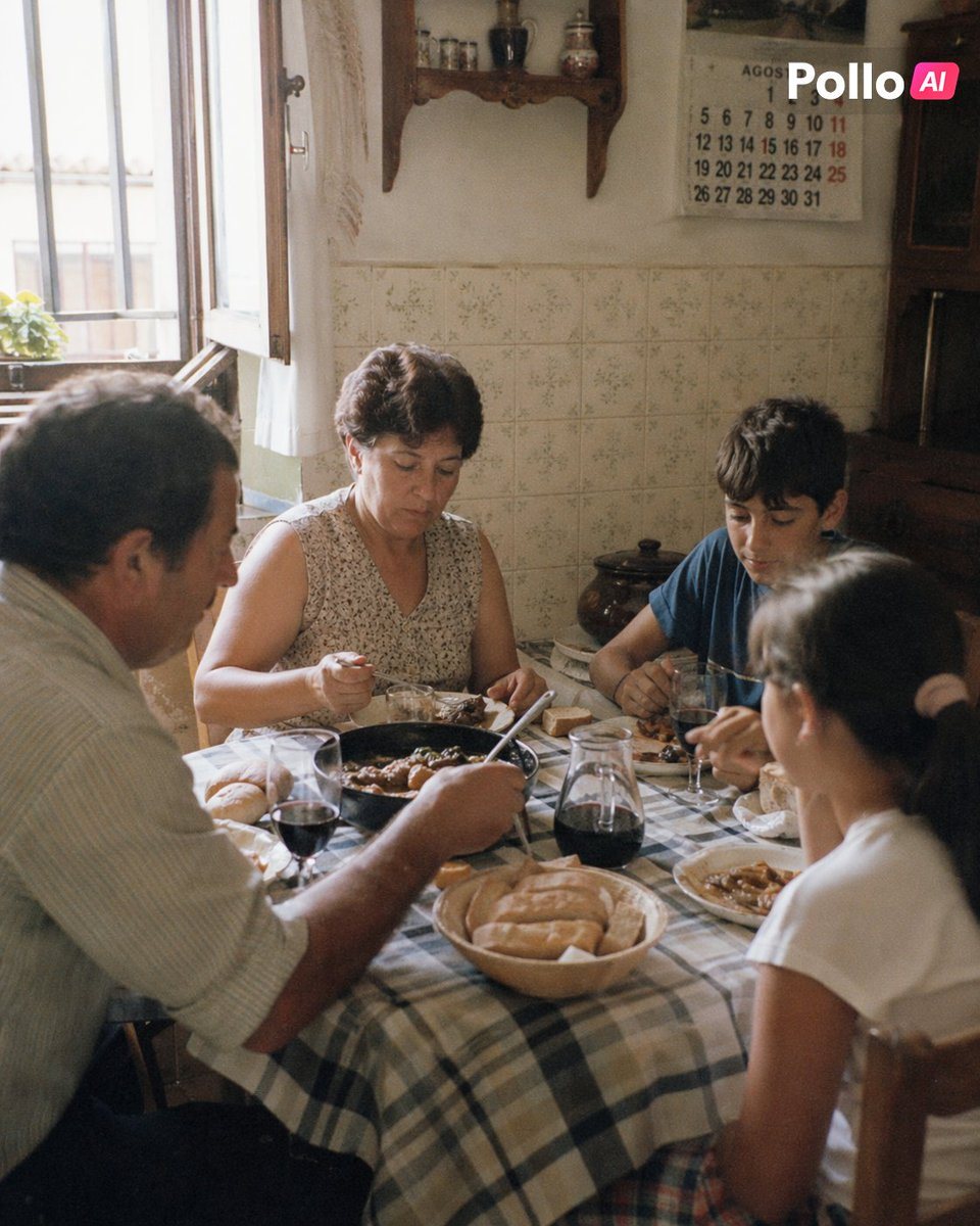 A candid documentary-style photograph of a Spain family having lunch in a modest 1990s home kitchen, shot vertically with warm natural light and realistic lived-in detail. Four people sit...