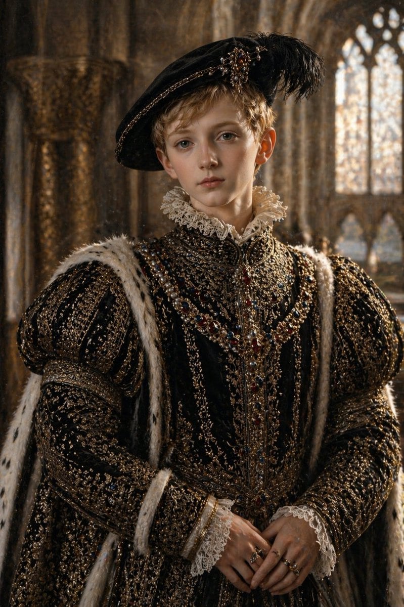 A sophisticated prompt for a cinematic photo portrait of a Tudor-style young nobleman inside a Gothic cathedral with high-end lighting details.