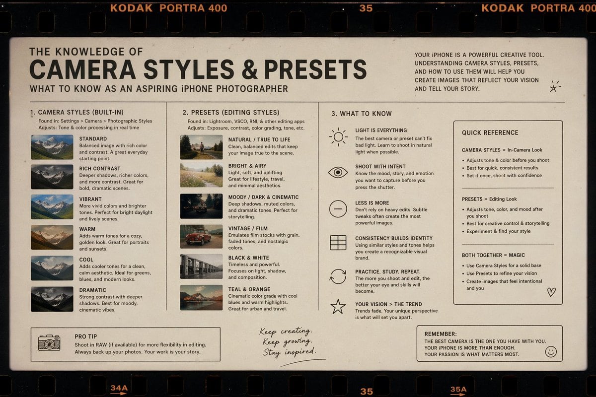 make me an image in 35 mm film style of a diagram showing the knowledge of camera styles, presets, and what to know about them as an aspiring iphone photographer that wants to pursue thei...