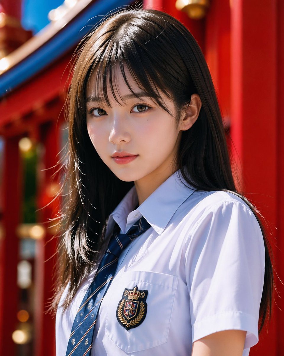 A photorealistic upper-body portrait of a Japanese high school girl standing outdoors in bright natural sunlight, framed from mid-torso up in a vertical composition. She has long, straigh...