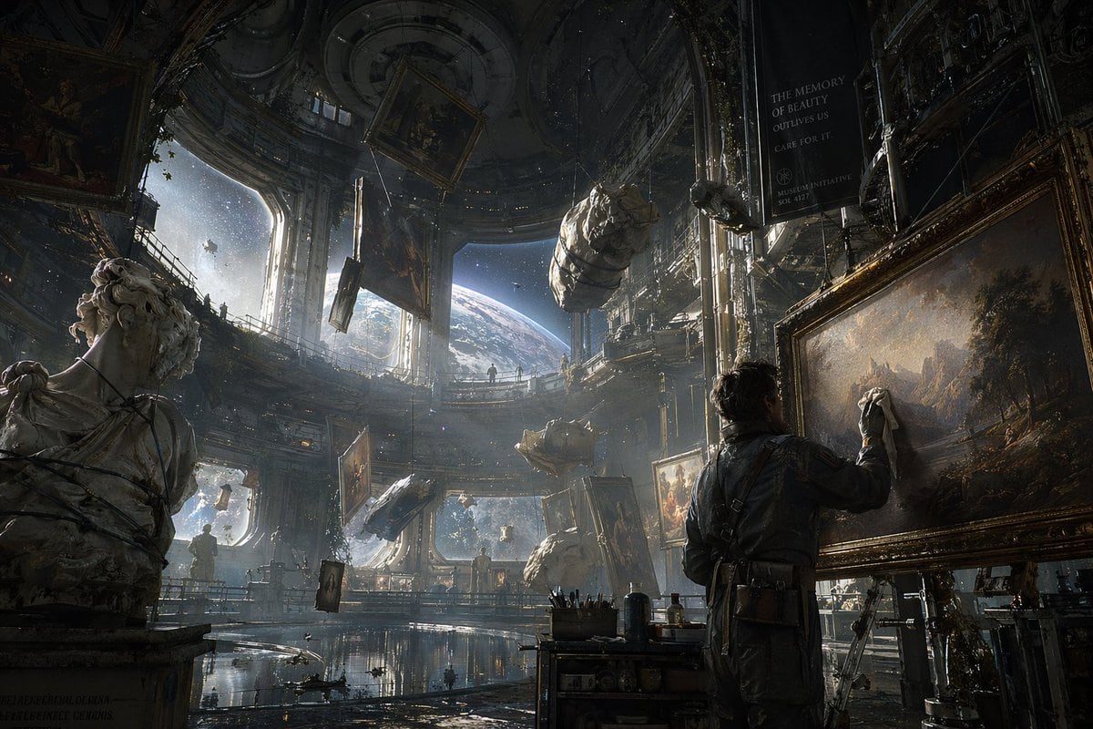 A cinematic sci-fi illustration of a vast, ornate space station museum orbiting an Earth-like planet. In the foreground, a man in a dark utility jumpsuit carefully cleans a large, framed...
