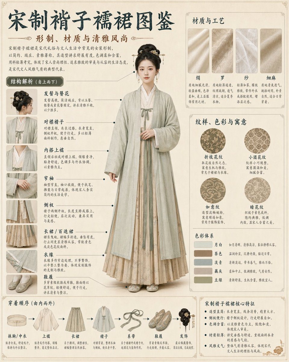 Generates a highly detailed, museum-style infographic poster analyzing traditional Chinese clothing components, materials, and wearing steps.