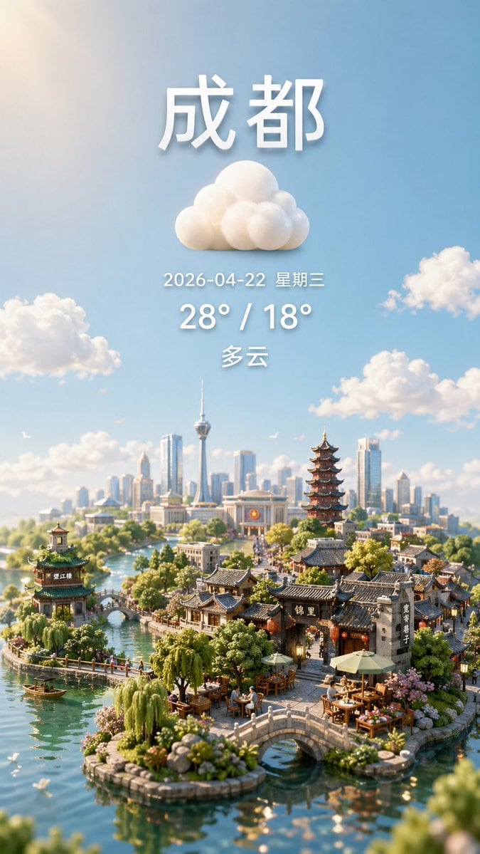 A vertical smartphone-style weather poster for 成都, designed as a dreamy ultra-detailed miniature diorama cityscape under a bright blue sky. At the top center, place large bold white Chine...