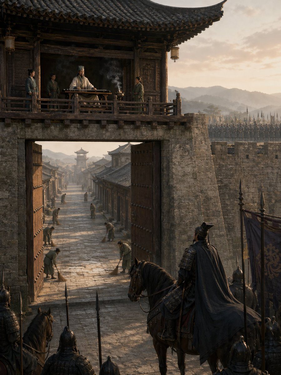 A cinematic historical Chinese scene depicting the Empty Fort Strategy at dawn, viewed from outside a massive ancient city gate. In the foreground, a dark armored general on horseback, se...