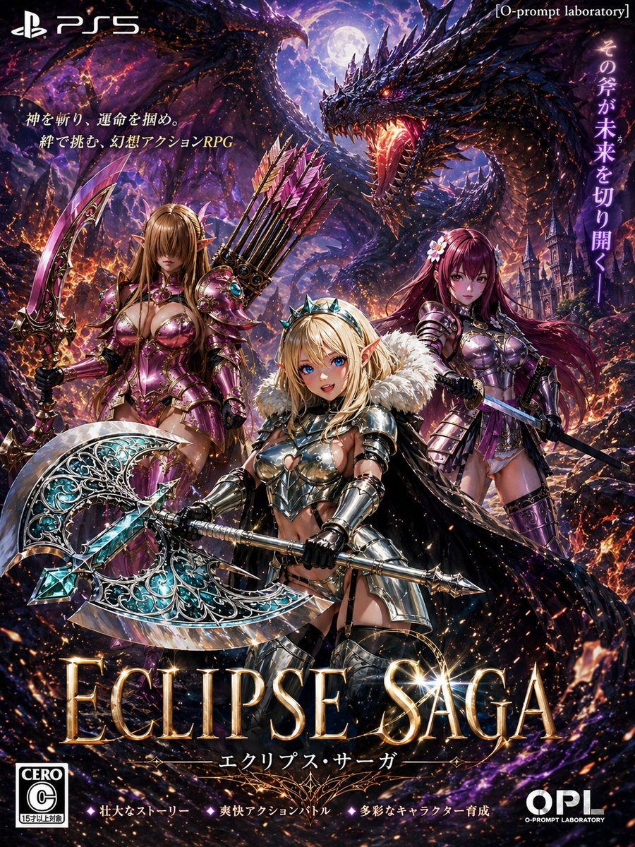 A dramatic Japanese fantasy action RPG key art designed like a PlayStation 5 game cover poster. Vertical composition, ultra-detailed, high-contrast, cinematic dark fantasy. In the backgro...