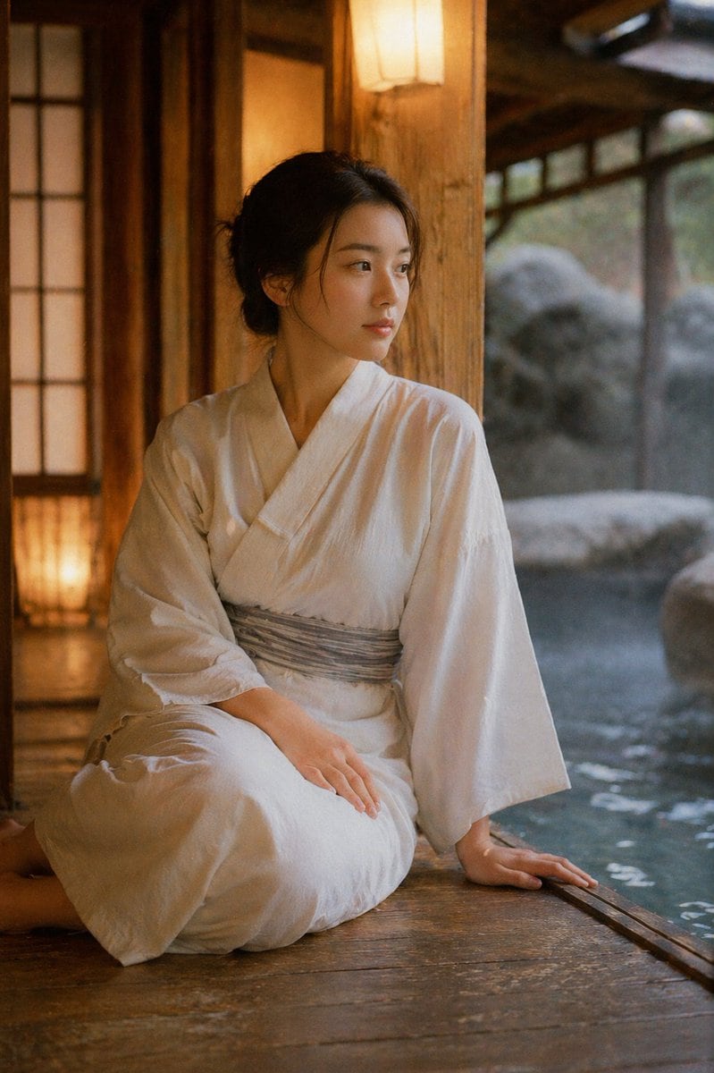 一个用于生成电影感、35mm 胶片风格图像的精美提示词，描绘了传统日式温泉旅馆，具有温暖柔和的灯光和逼真的质感。