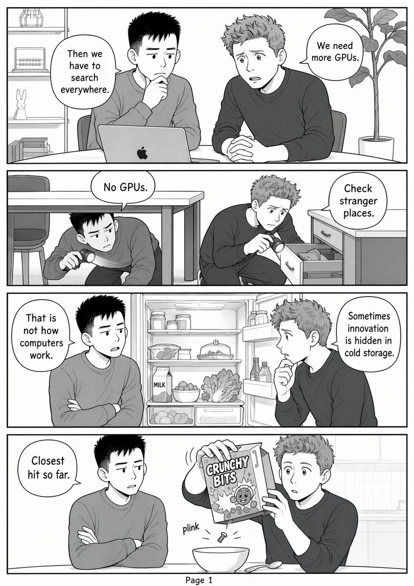 这是一页灰度四格漫画，讲述了两名年轻人荒诞地在家中搜寻 GPU 的故事，适用于幽默科技漫画、分镜演示或保持角色一致性的连载漫画。