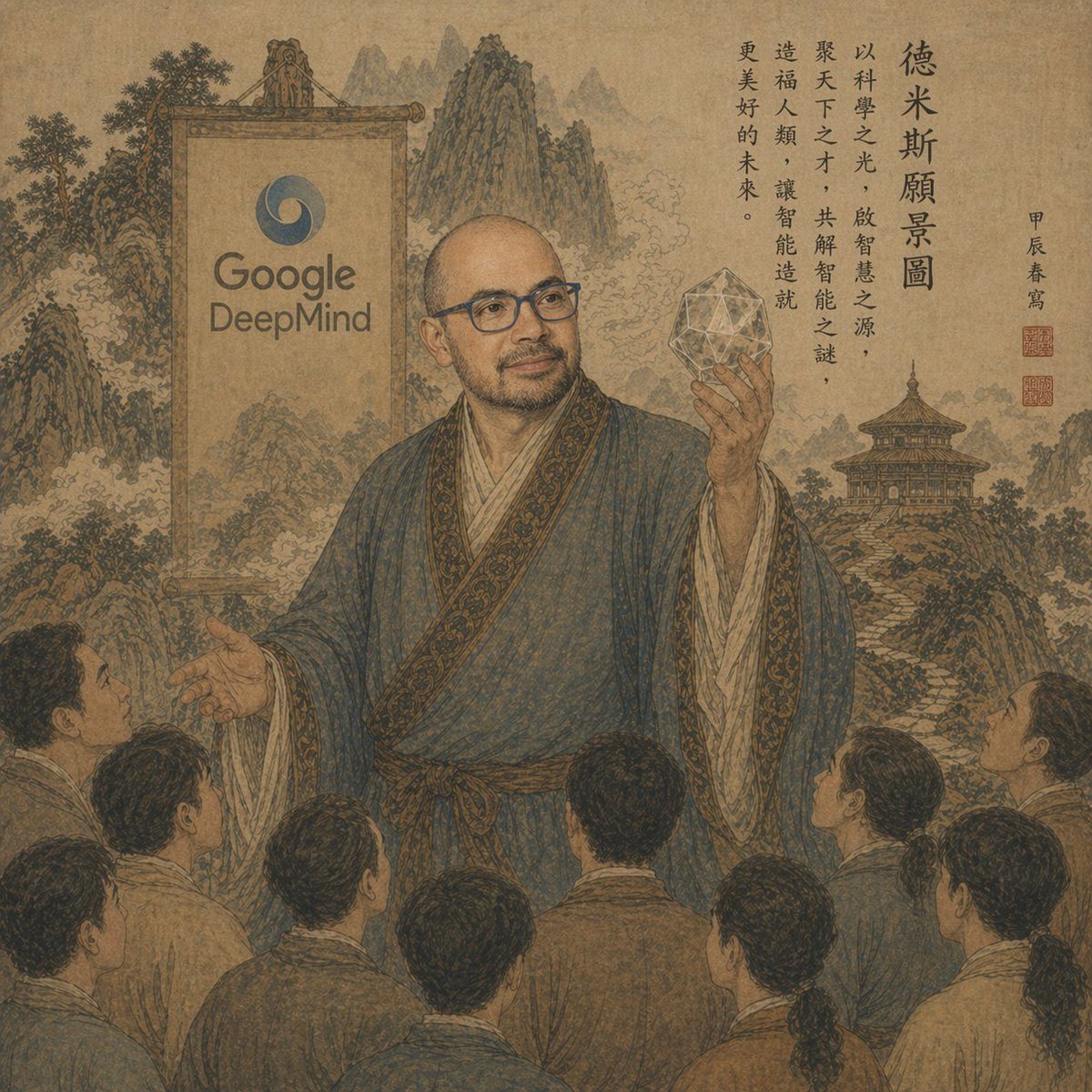 A sepia-toned ancient Chinese scroll painting reimagined as a visionary propaganda-style scene. In the center stands a scholarly robed figure styled like an imperial sage or philosopher,...
