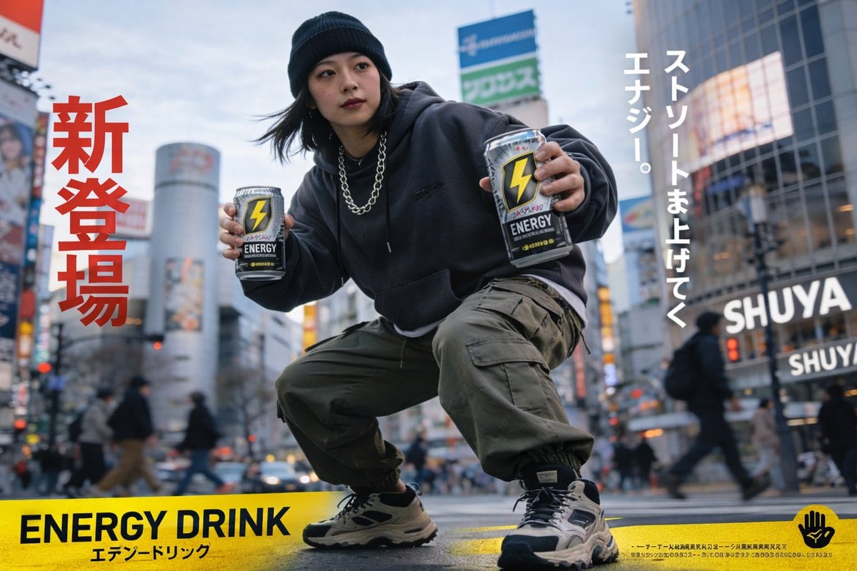 A photorealistic urban advertisement poster featuring a young Japanese woman in streetwear doing a deep squat in the middle of a busy crosswalk. She wears a black beanie, a dark grey over...