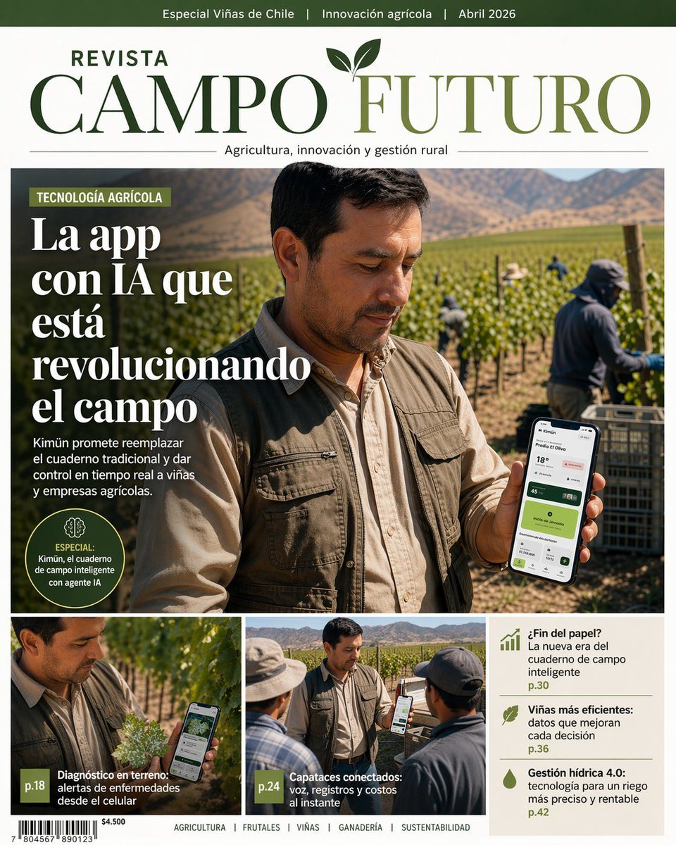 Using the provided reference image of the mobile app screen, transform it into a premium editorial magazine cover mockup about agricultural innovation. Keep the app UI recognizable on the...