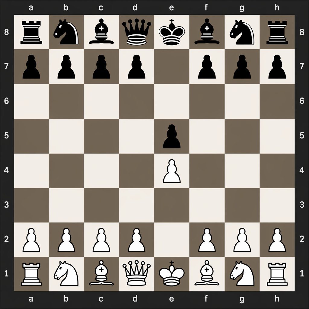 A clean, flat digital top-down chessboard centered in the frame, shown as a square 8x8 board with algebraic coordinates visible on all four sides: letters a through h along the top and bo...