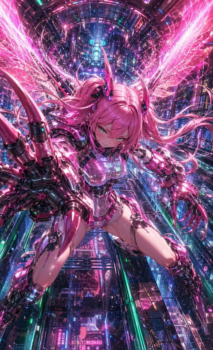 A dynamic anime cyberpunk action illustration of a young female cyborg with bright pink twin-tail hair, suspended in a vast futuristic neon city shaft filled with glowing circuitry, holog...