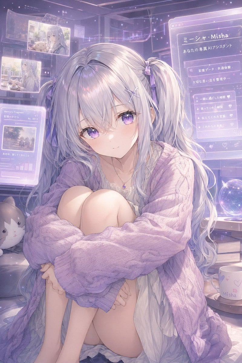 A dreamy anime-style portrait of a gentle virtual assistant girl named Misha, sitting curled up indoors in a cozy futuristic bedroom filled with translucent holographic memory screens. Sh...