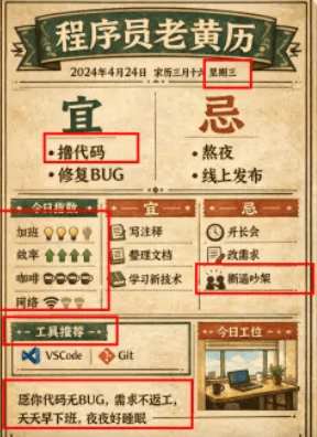 为程序员量身定制复古风格的中国黄历,包含可自定义的每日宜忌及祝福语。