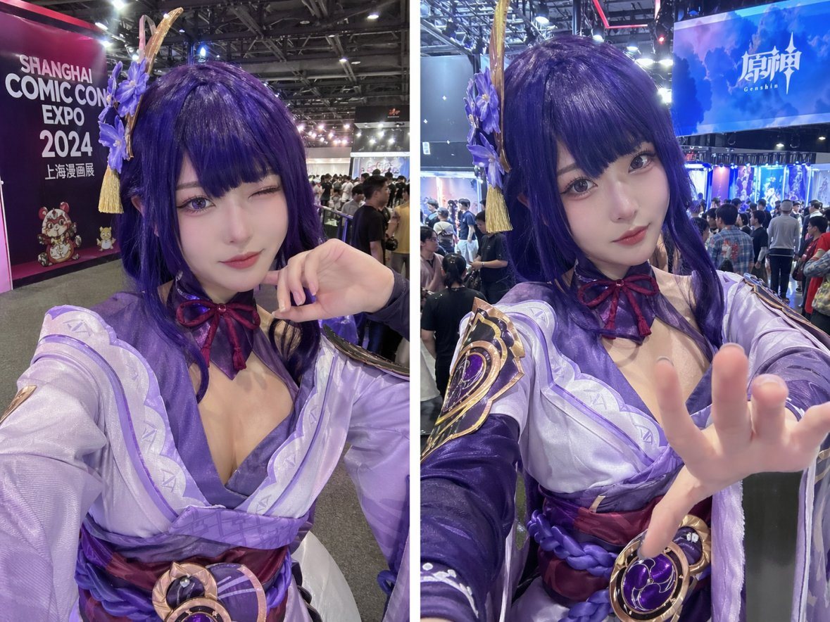 A prompt for generating realistic cosplay photography of a specific character at a convention setting.