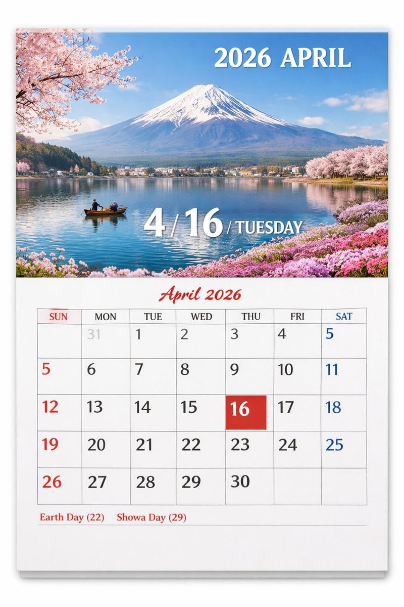 生成一张写实的挂历页面，上方配有可自定义的风景照片，下方为详细的月历网格。
