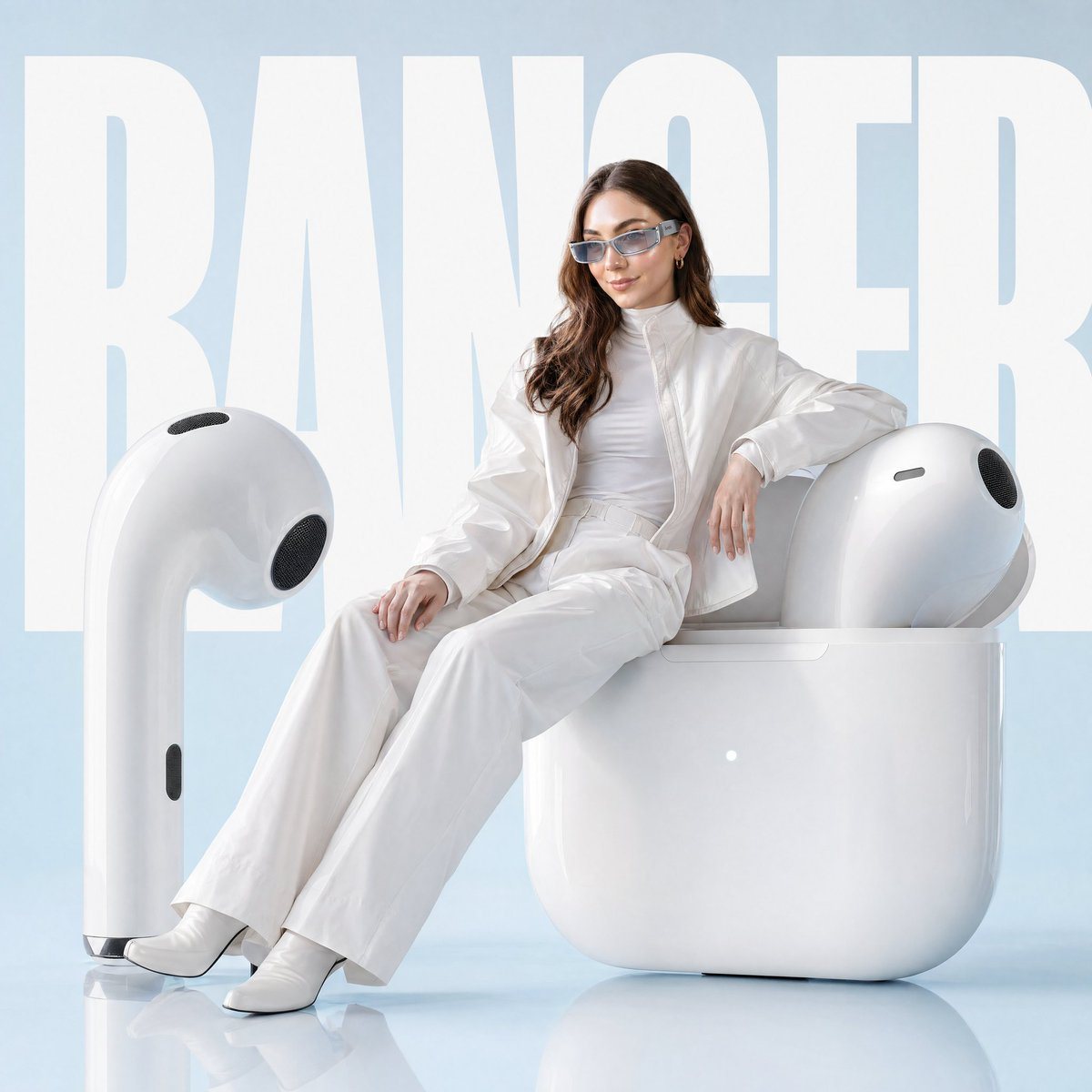 Avant-garde fashion advertisement, oversized futuristic airpods positioned like sculpture, model casually seated on the frame as if furniture, giant word "BANGER" behind in bold white typ...