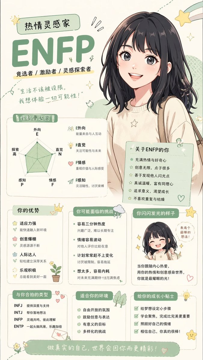 基于 ENFP 等人格类型,生成动漫/二次元风格的角色属性分析。