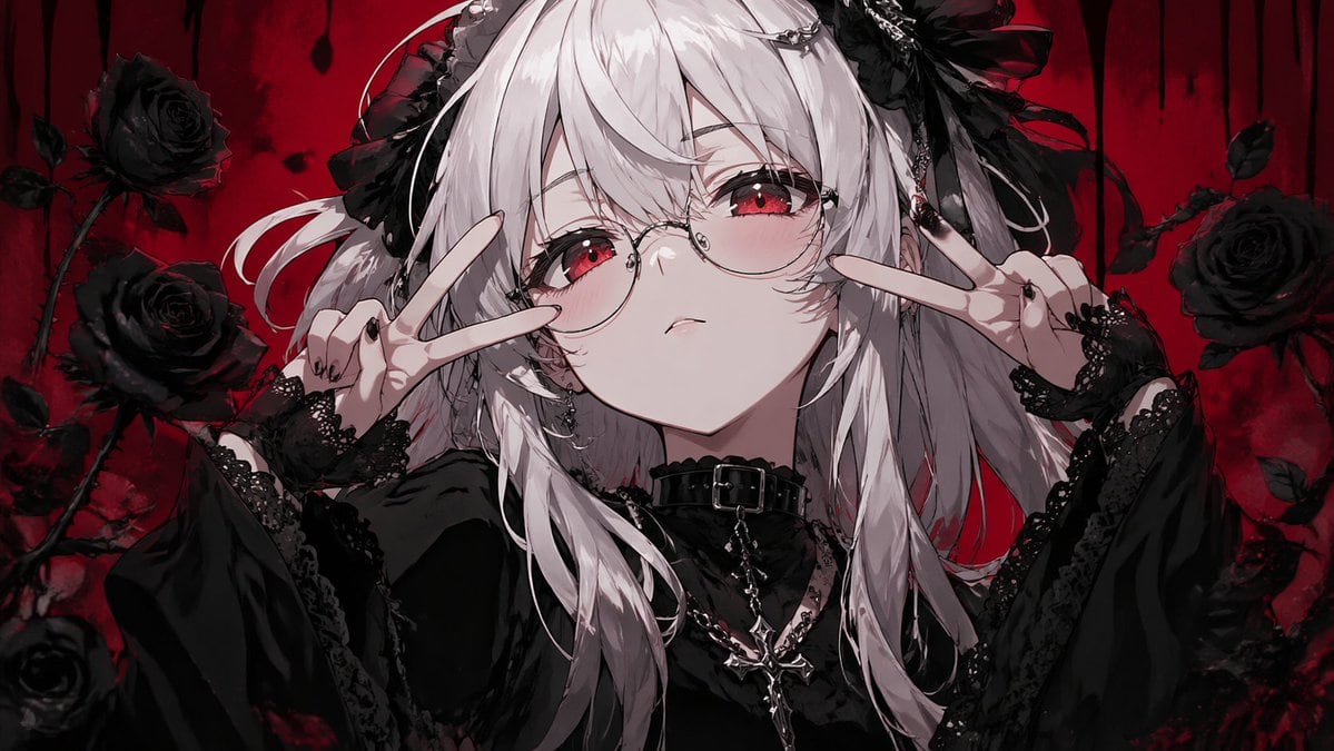 A dark anime gothic portrait of a young woman shown from the chest up, centered in the frame, with long layered silver-white hair in messy twin tails and loose strands falling over the sh...